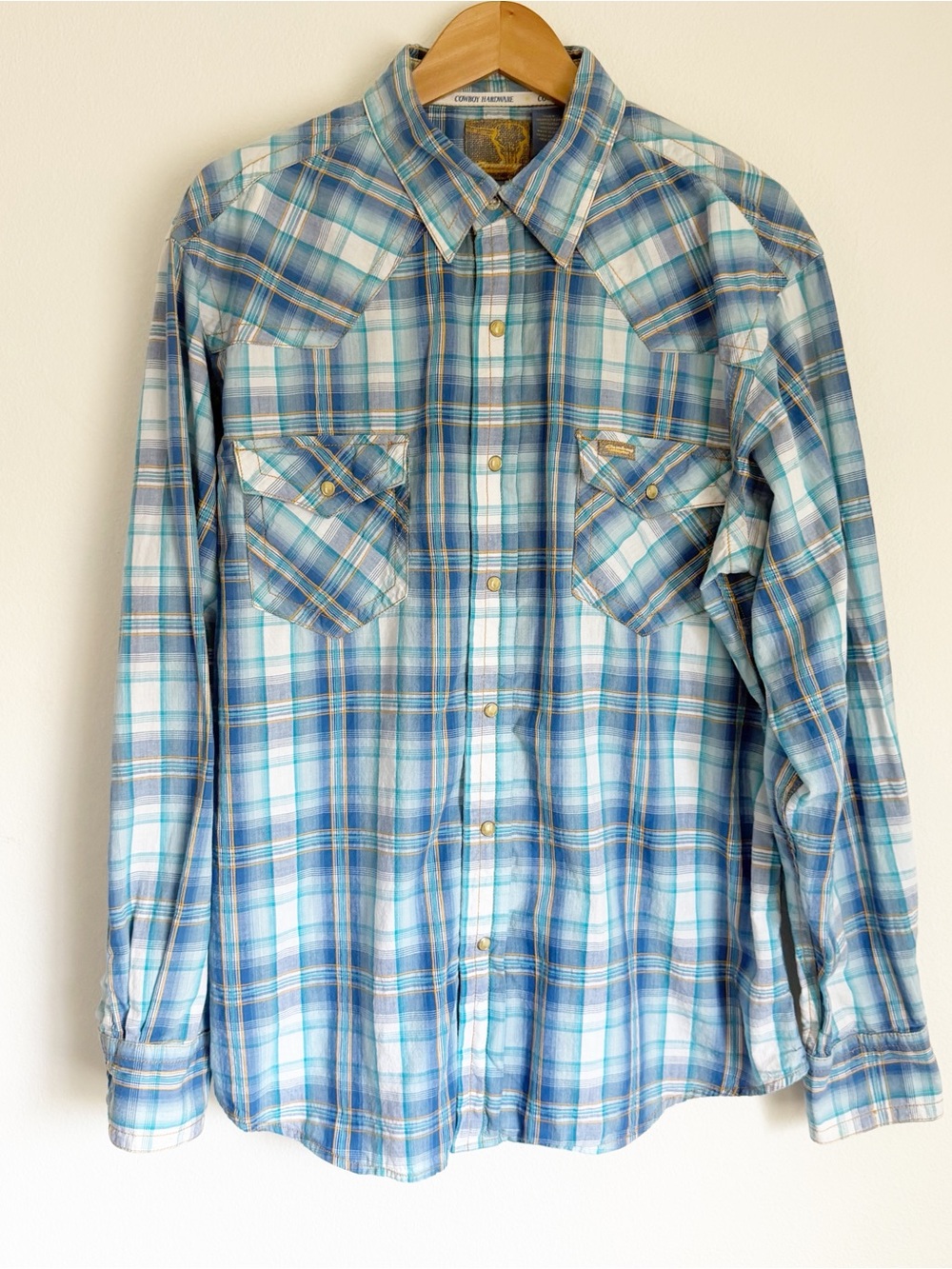 Vtg Cowboy Hardware Western Long Sleeve Pearl Snap Button Men XL Shirt Blue Y2K